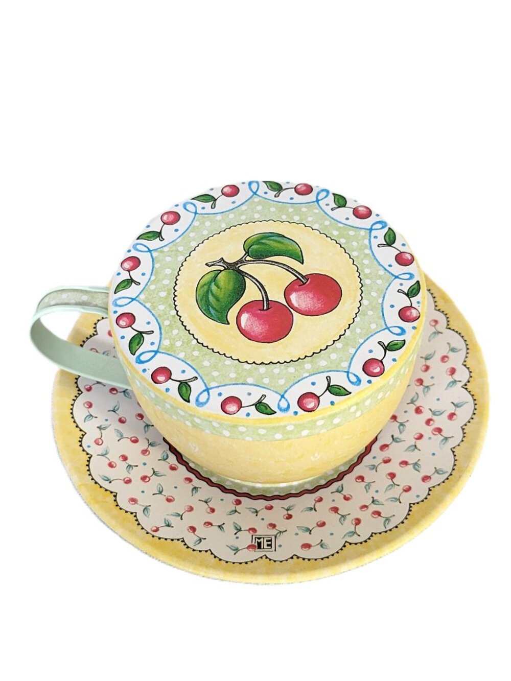 Mary Engelbreit Cherry Tin Teacup Saucer Lid Trinket Box Yellow Polka Dot ME